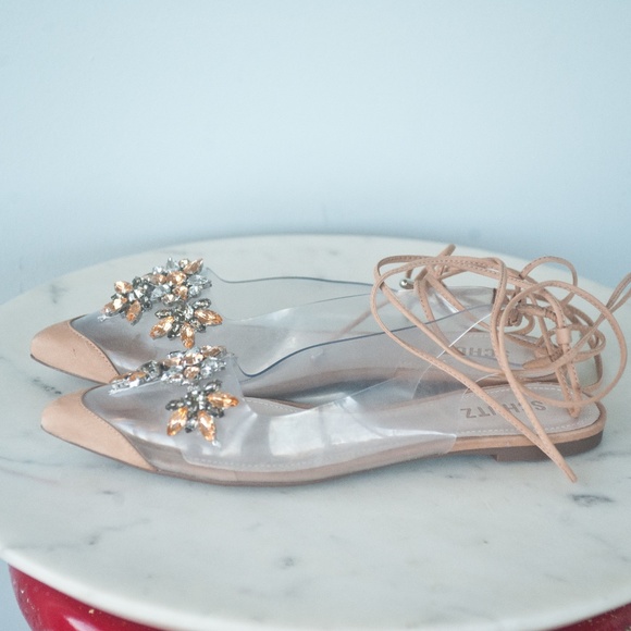 Schutz Clear Vinyl Pointed Toe Rhinestone Ankle Wrap Flats - Picture 9 of 11